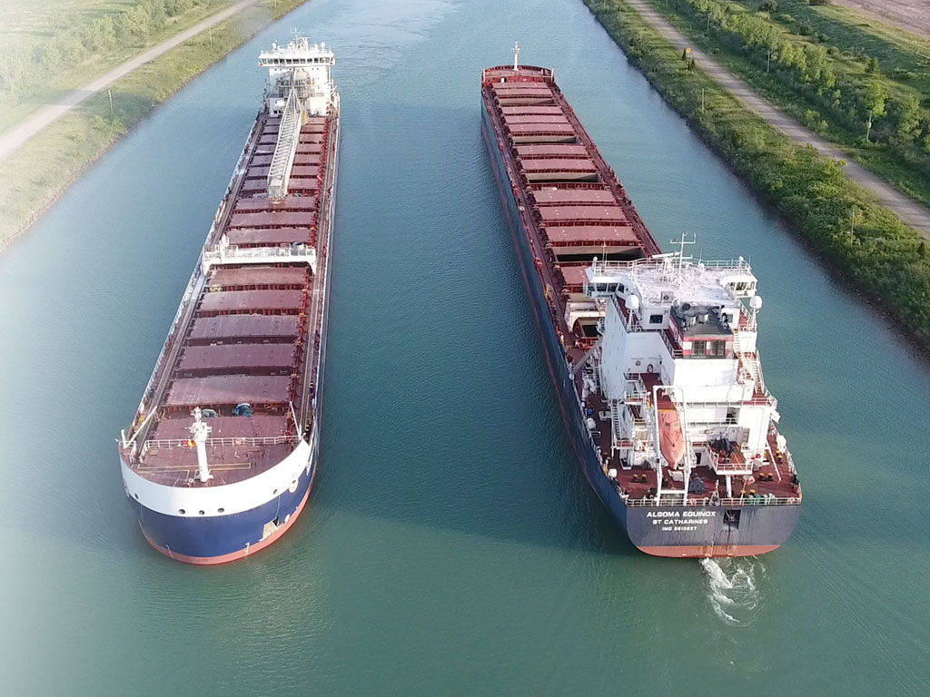 A ship passes through the Welland Canal at Port Colborne